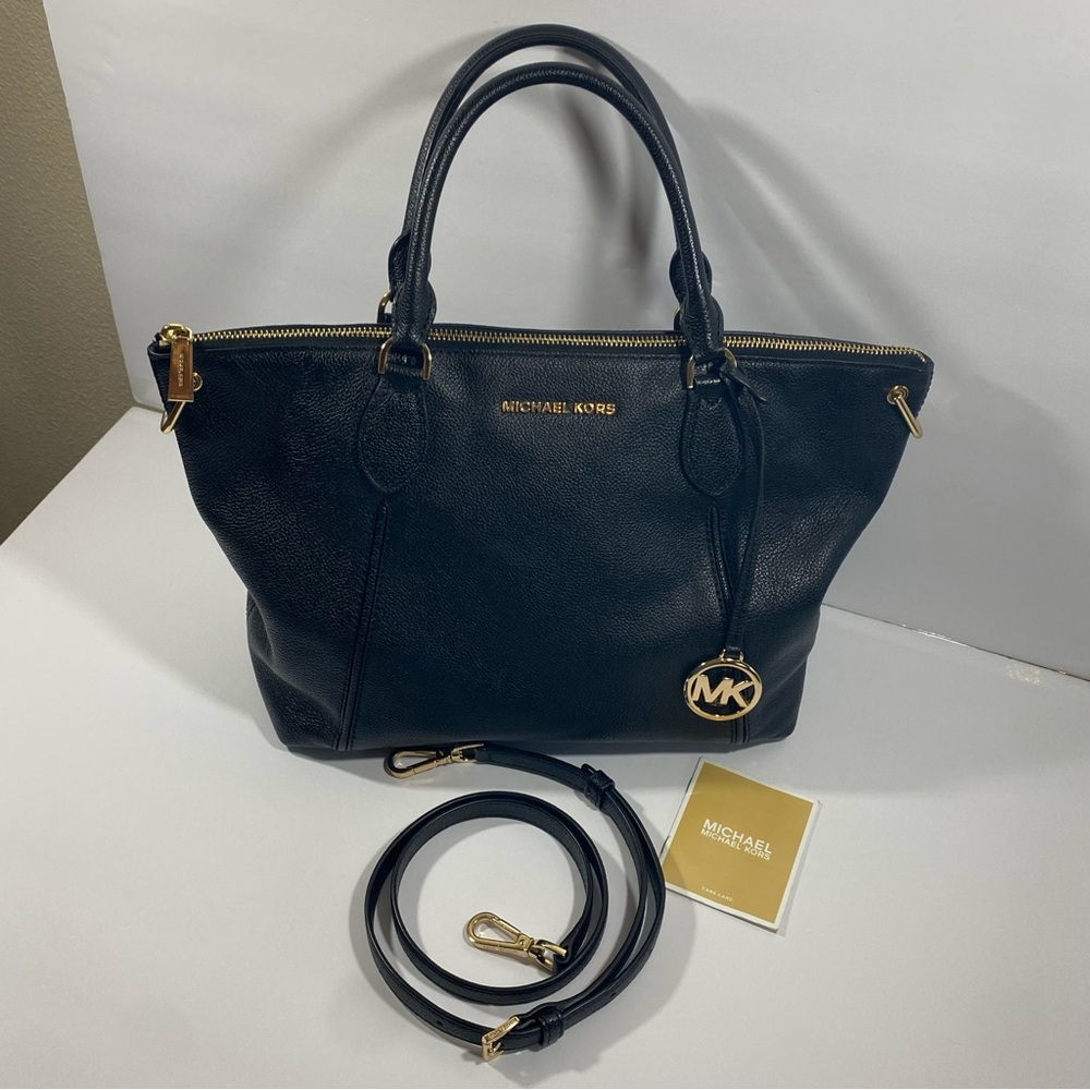 Michael Kors Bedford Black Leather Shoulder Tote Bag Gold Hardware MK Charm